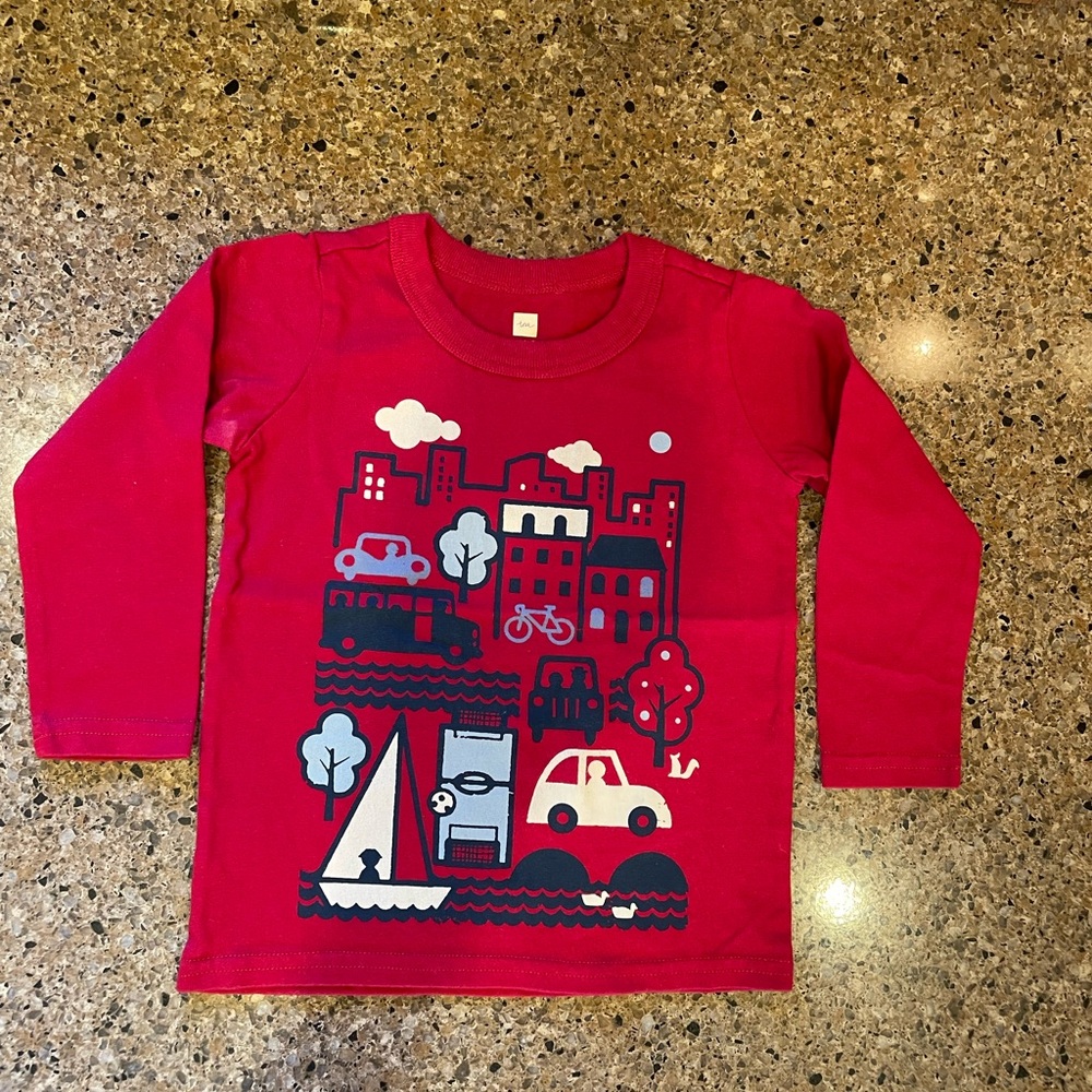 Tea Collection Red Long Sleeve Tee with City Print New Without Tags